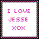 Pixelated text reads 'I LOVE YOU XOX' in pink and purple hues on a white background with a multicolored border.