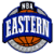 Pixelated circular icon with blue border, orange basketball graphic at bottom, and white text 'EASTERN' on a blue background.