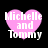 Four pink heart-shaped icons with white text reading "Michelle and Tommy" on a black background, each with distinct pixelation and clarity variations.
