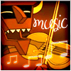 Pixelated orange robot with glowing eyes and teeth plays a golden fiddle, surrounded by musical notes and the word 'music' in white script.