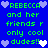 Blue background with green pixelated text reading "REBECCA and her friends r only cool dudes!!" surrounded by purple and white heart icons.