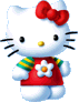White cat with red bow, yellow nose, black whiskers; wears red dress with white flower and green-yellow striped sleeves.