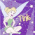 Pixelated cartoon icon of a blonde fairy in green dress with purple wings and background, featuring visible text "Tink" on the right side.
