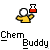 Pixelated character in yellow shirt holds red beaker; gray background with 'Chem Buddy' text below.
