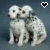 Two white dogs sit side-by-side on a gray background with pixelated hearts above them, one heart black and the other white.