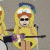 Animated sequence of a cartoon character in a yellow hooded outfit holding a cello, with changing facial expressions and head position across frames.