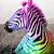 Pixelated zebra head with black and white stripes, purple and pink gradient mane, and rainbow-colored lower body against gray background.