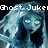 Pixelated image of a ghostly figure with long hair and glowing eyes, overlaid with white text reading 'Ghost Juke' against a dark background.