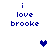 Pixelated blue text reads 'i love brooke' with a blue heart above and a purple heart below on a white background.