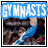 A 48x48 pixel animated contact sheet showing three sequential frames of a gymnast performing in blue leotards with text overlays on each frame.