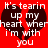 Red background with two dark brown broken heart shapes and white text reading "It's tearin up my heart when i'm with you" in pixelated font.
