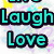 A pixelated image with teal text reading "Laugh Love" over a background of pastel hearts and abstract shapes.