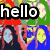 four pixelated with 'hello' text overlays, each showing a different color scheme and background pattern