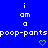 Blue background with white pixelated text 'i om o' stacked vertically on both sides, 'poop-pants' text at bottom, two green pixelated hearts below text.