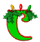 Green curved shape with red outline, decorated with holly leaves and three colored lights (yellow, red, green), animated to cycle light colors.