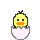 Pixel art animation of a yellow chick hatching from an egg and standing with "UP" text above its head.