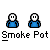 Pixelated character in blue shirt with white face and black eyes, shown in multiple states including static poses and animated smoke effects, with text labels below each instance.