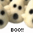 Pixelated light-colored dog faces with black eyes and noses, multiple copies arranged horizontally, text below reads BOO!! SCARED aren't ya?