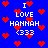 Blue background with red pixel hearts and white text reading "I LOVE HANNAH <333" in a pixelated style.