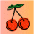 Pixelated image of two red cherries with dark stems and green leaves against a gradient background.