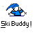 Pixel art of a character in blue clothing and hat skiing with crossed ski poles on gray background with white snowflakes.