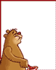 Brown bear character with red nose and eyes blows bubbles from a red bubble wand while holding a red bucket, set against white background.