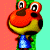 Pixelated cartoon frog with red face, green head, and blue torso against split red and cyan background.