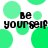 Green circular shapes on white background with black text reading 'be yourself' repeated in two