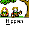 Pixel art contact sheet showing three frames of an animated buddy icon featuring two cartoon characters under a tree with the text "Hippies" below each frame.