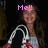Pixelated image of a person holding a black bag with white straps, wearing a light-colored top with red accents, and pink text reading 'Me!!' above the head.
