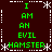 Dark brown background with white dotted and dashed borders, green text reading "I AM AN EVIL HAMSTER" repeated in four quadrants, white asterisk-like snowflake symbols at corners and midpoints.