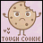 Pixelated cookie character with brown spots, arms raised, and a downturned mouth on light pink background; text "TOUGH COOKIE" below.
