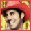 Four- with red border showing pixelated close-ups of a smiling person in various poses and a yellow with blue text