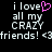 Pixelated text reads 'i love all my CRAZY friends! <3' with a pink heart replacing the word 'love', displayed on black background.