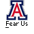 Two identical pixelated 'A' logos with red, white, and blue colors appear below the text "Fear Us" on a gray background, next to promotional text for badassbuddy.com.