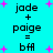 Cyan background with pink plus signs; text 'jade + paige = bff' repeated twice in pixelated font, each instance showing slight variations in letter spacing and star placement.