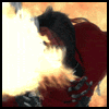 Animated sequence of a figure in red clothing holding a smoking firearm, with muzzle flash and smoke effects against an orange background.