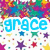 Pixelated image with colorful star background and text reading "grace is awesome" in blue, pink, and blue lettering.