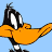 Pixelated cartoon duck character with orange beak, black head feathers, white eyes, and blue background in 48x48 static icon format.