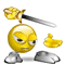 Animated yellow spherical character with gray feet holding a sword, showing multiple poses including standing, swinging, and mid-air motion.