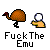 Pixel art emu with brown body and red head stands next to a white spherical object held by a yellow hand, text below reads 'FuckTheEmu' in white block letters.