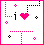Pixel art icon with pink border, black text 'i', pink heart symbol, and scattered pixelated shapes on white background.