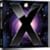A static pixelated image with a dark background featuring four glowing purple and white circular shapes arranged symmetrically.