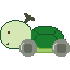Pixelated green turtle with light-green shell, brown eyes, and gray wheels on a gray background.