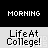 Animated pixel art sequence showing a character's day at college, transitioning from morning to afternoon to night with changing activities and text bubbles.