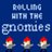 Pixel art of gnomes with red hats and gray bodies against a blue background, displaying text "ROLLING WITH THE GNOMIES" in light blue pixelated font.