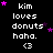 Black background with white text reading 'Kim loves donuts haha. <3' and scattered purple stars, some of which move across frames.