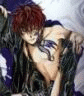 Red-haired figure in dark clothing with purple accents lies on a white and blue patterned surface, head turned left to right across frames.