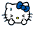 Pixelated white cat with blue bow, yellow nose, and black whiskers; left eye is teal, right eye is gray in first frame, reversed in second frame.