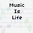 Pixelated text 'Music Is Life' in black block letters on a white background with faint pastel-colored pixel clusters.